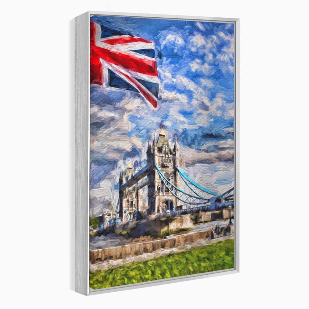 Tablou canvas cu tablou canvas cu tower bridge si steagul marii britanii, in rama de aluminiu argintiu